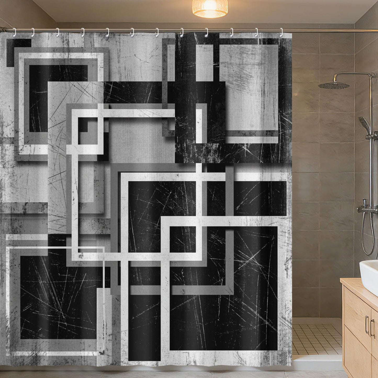 Bonriva Black White Grey Shower Curtain, Grunge Gray Abstract Geometric Square Modern Minimalist Shower Curtain for Bathroom, Mens Boys Bathroom Accessories Curtain, Fabric 72" x 72" with 12PCS Hooks