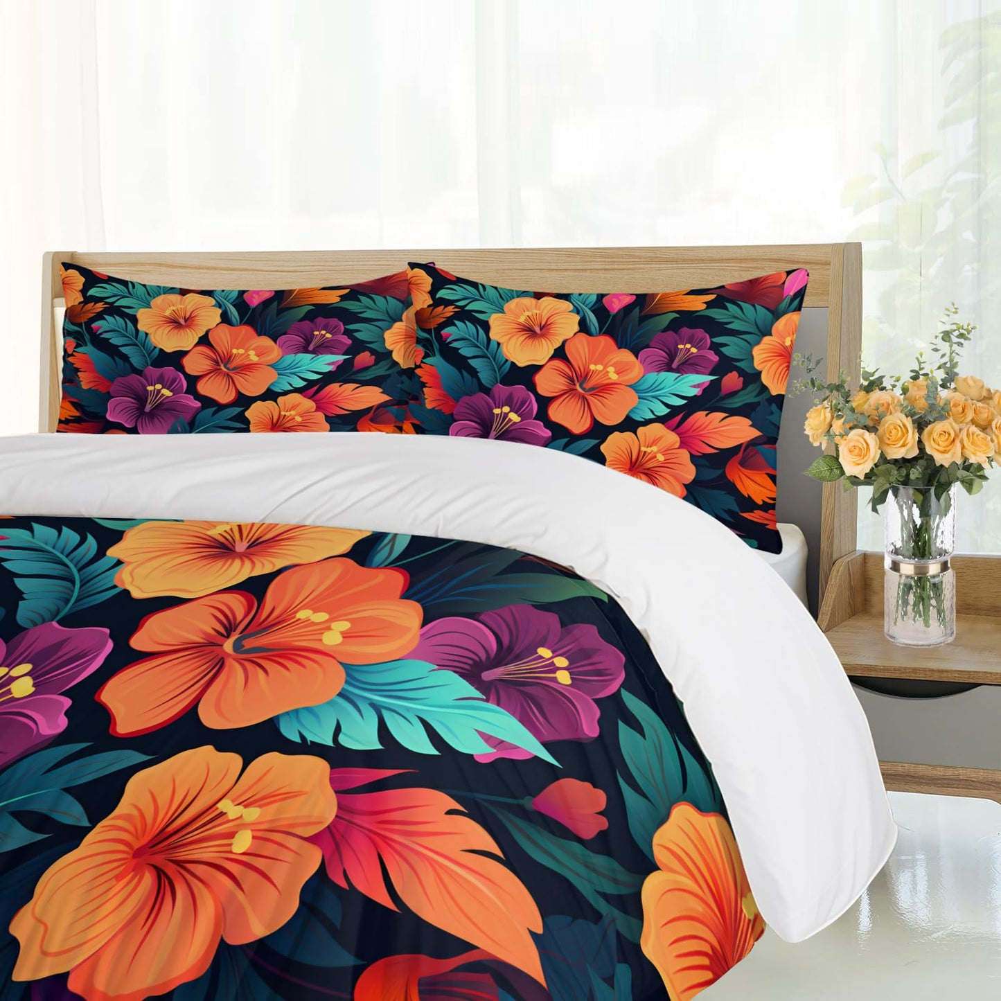 PAISUOQ Duvet Cover King - Farmhouse Flower Home Decor & Gifts, Blue Floral Bedding Set, Comforter Cover with 2 Pillow Shams, Microfiber Sea Ocean Plant Quilt Cover, Zipper & Ties