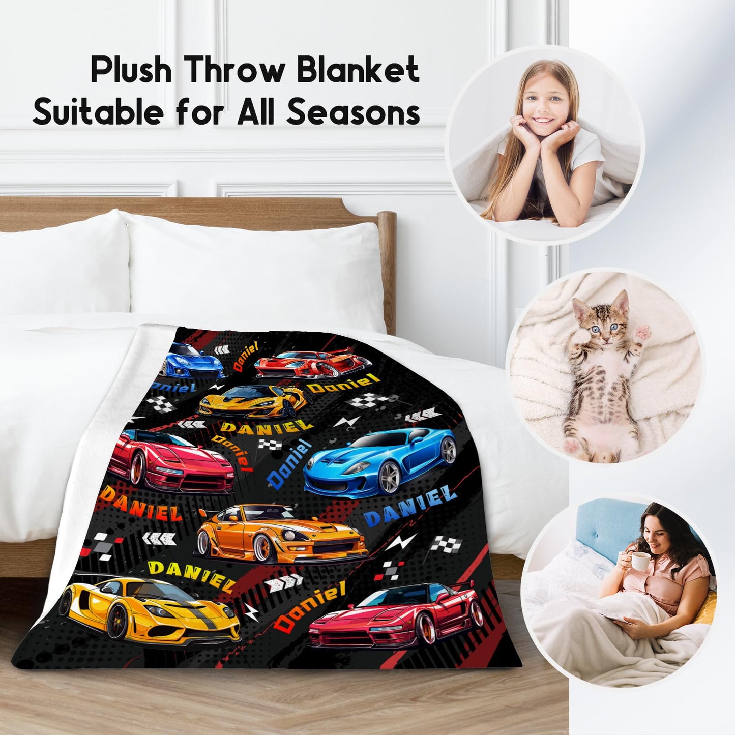 AIOMXZZ Kids Blanket for Boys, Personalized Racing Car Blankets Gifts for Toddler Teens, Custom Car Themed Flannel Throws with Name, 4 Size