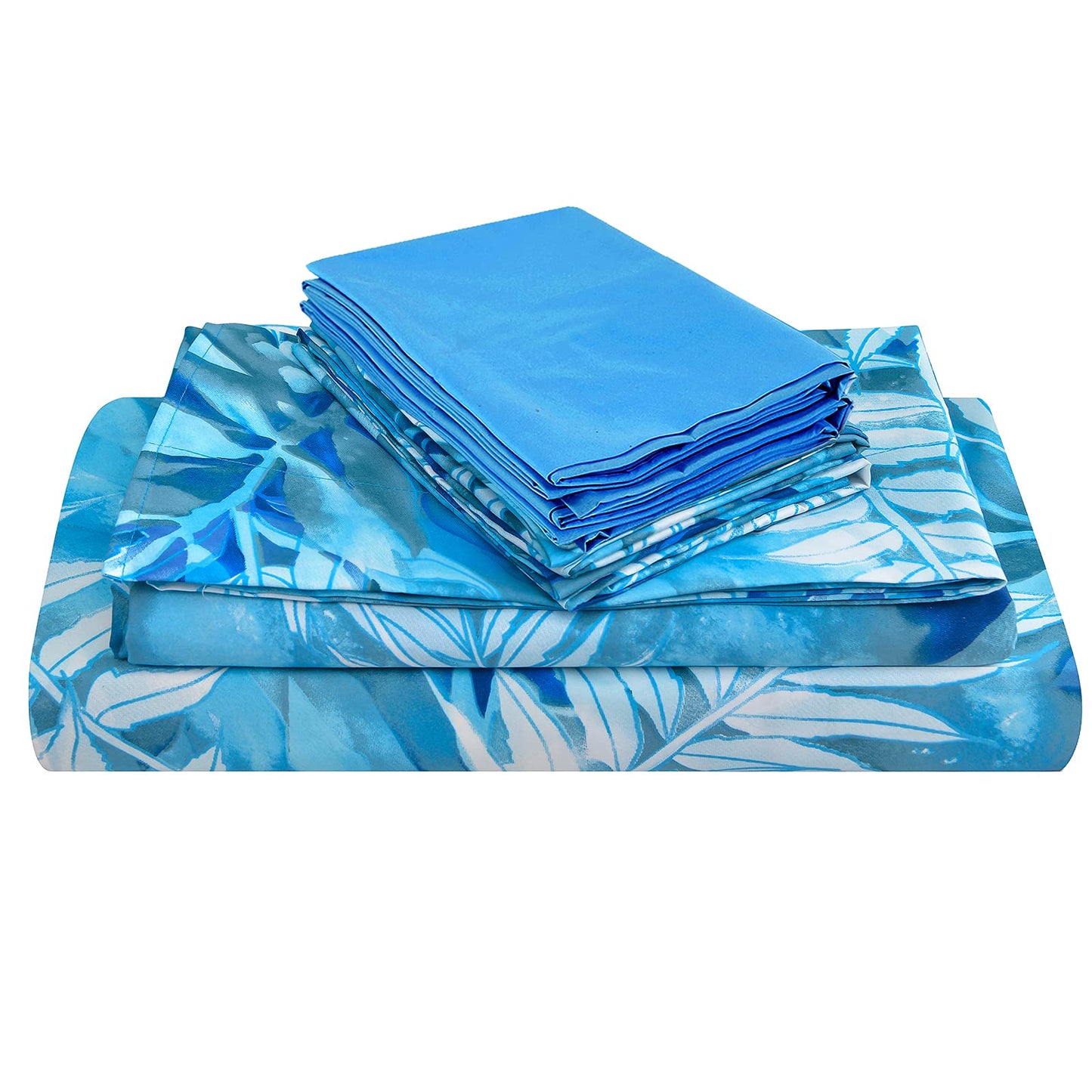 JSD Blue Tropical Leaves Print Sheet Set King Size, 6 Piece Soft Pattern Microfiber Bed Sheets Extra Deep Pocket