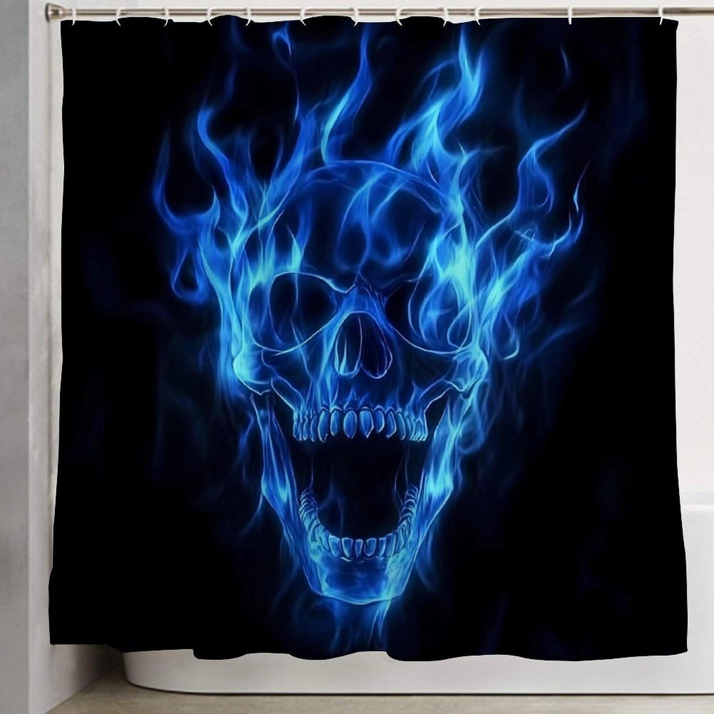 Fashion Hotel Bathroom Decorative Shower Curtain with Hooks, Fire Flaming Blue Cool Skull Waterproof Lightweight Shower Curtain