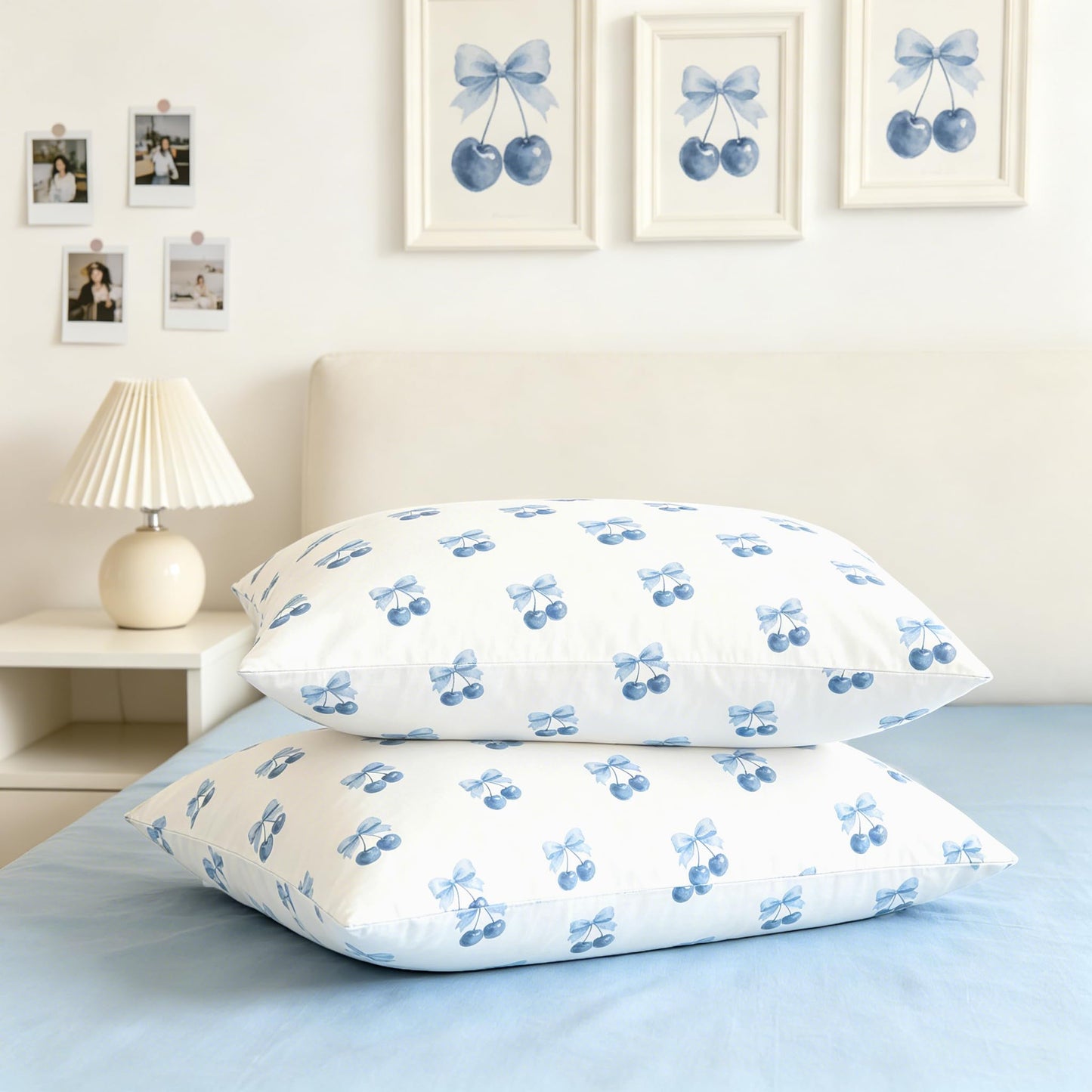 Sedefen Blue Cherry Duvet Cover Set, Light Blue Bow Bedding Set for Kids Boys Girls, Cute Cherry Soft Microfiber Reversible Duvet Cover for All Seasons