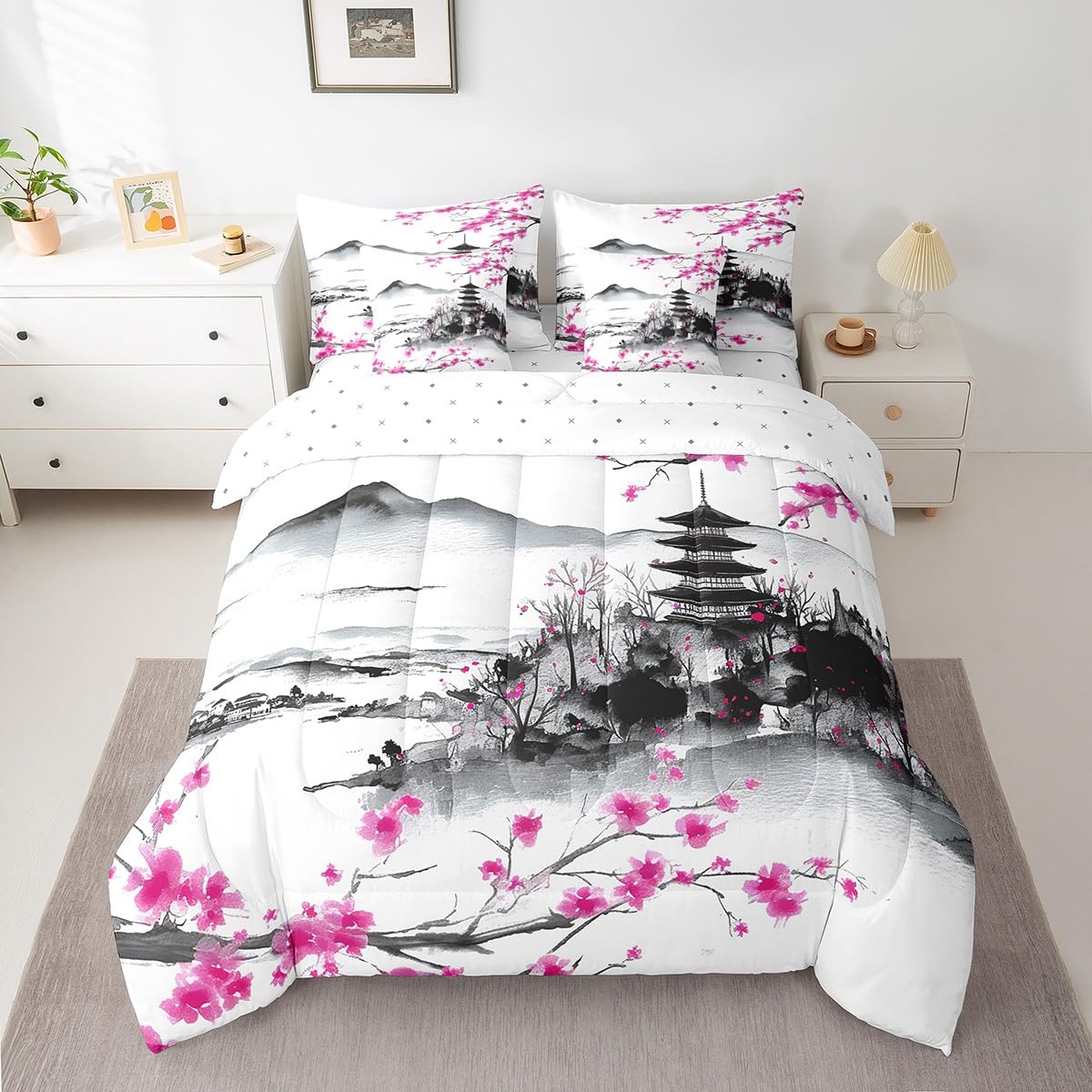 jejeloiu Japanese Comforter Set 7 Pieces Full Size Kids Cherry Flower Bed in a Bag for Boys Girls Ink Painting Bedding Set Traditional,Comforter + Sheets + Pillowcases + Cushion Covers