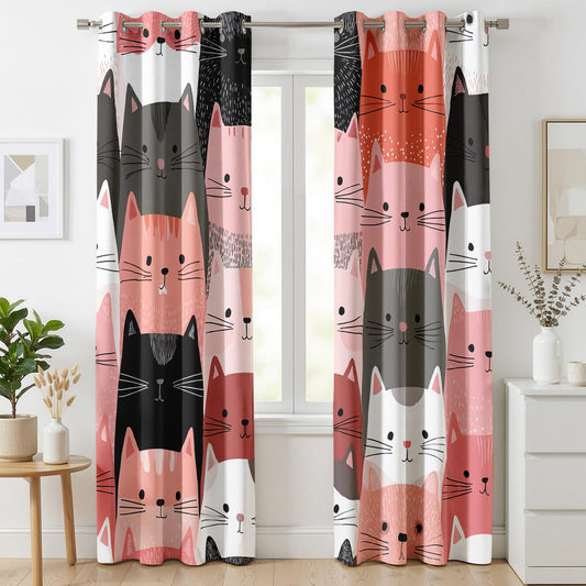 Mistwalk Girls Cute Kitten Blackout Curtains for Bedroom & Living Room, 84 Inch Curtains 2 Panel Set, Room Darkening Thermal Insulated Grommet Drapes, Kids Cat Lover Patterned Window Treatments