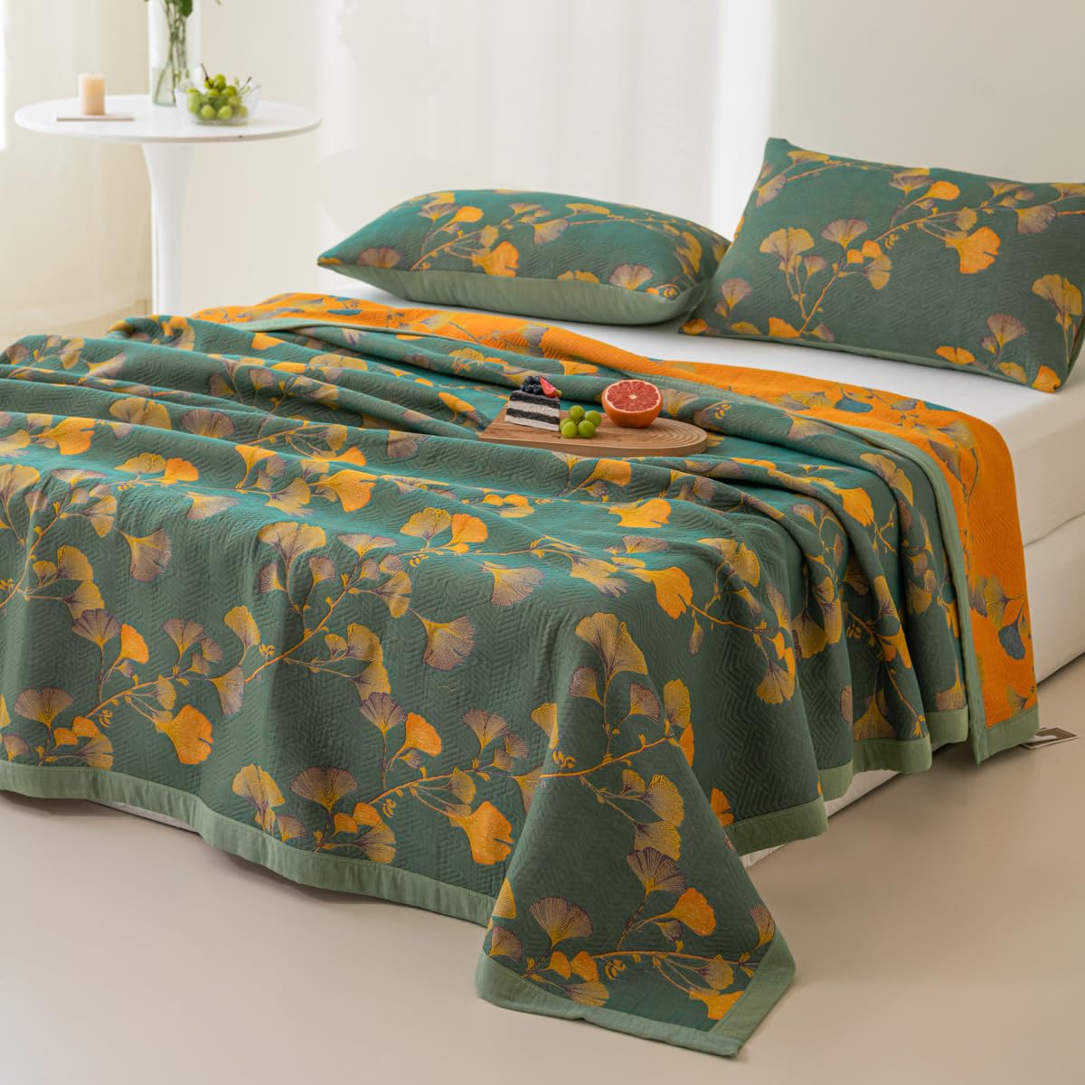 Purefair 100% Cotton Jacquard Quilt Floral Ginkgo Leaves Print,Soft Muslin Bed Cover 3 Layers Reversible Bedspread Coverlet Breathable Lightweight Bedding,Full/Queen(78"x94"), No Pillow Sham