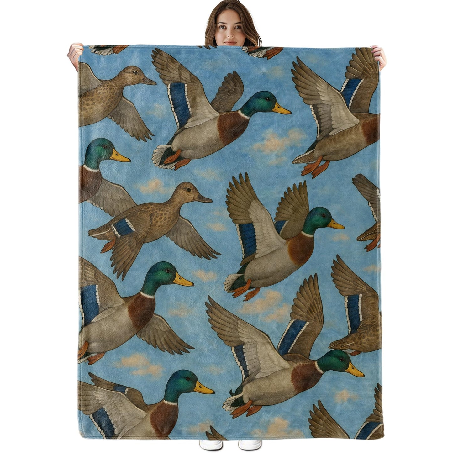 Flying Mallard Duck Blanket, Lightweight Cozy Blue Sky and Clouds Throw Blanket Gifts for Women Men Girls Kids, 50×60 Inch Soft Warm Flannel Throws for Bed Decor Travel Couch