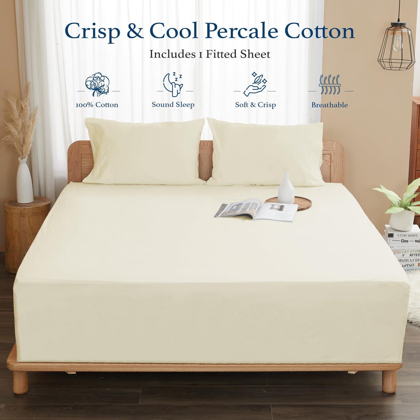 HOMTEC 100% Cotton Percale Fitted Sheet California King Size, 8-15" Deep Pocket Cooling Bottom Sheet, Breathable Soft & Crisp Fitted Sheet Only with 4 Corner Straps (Cal King, Cream)
