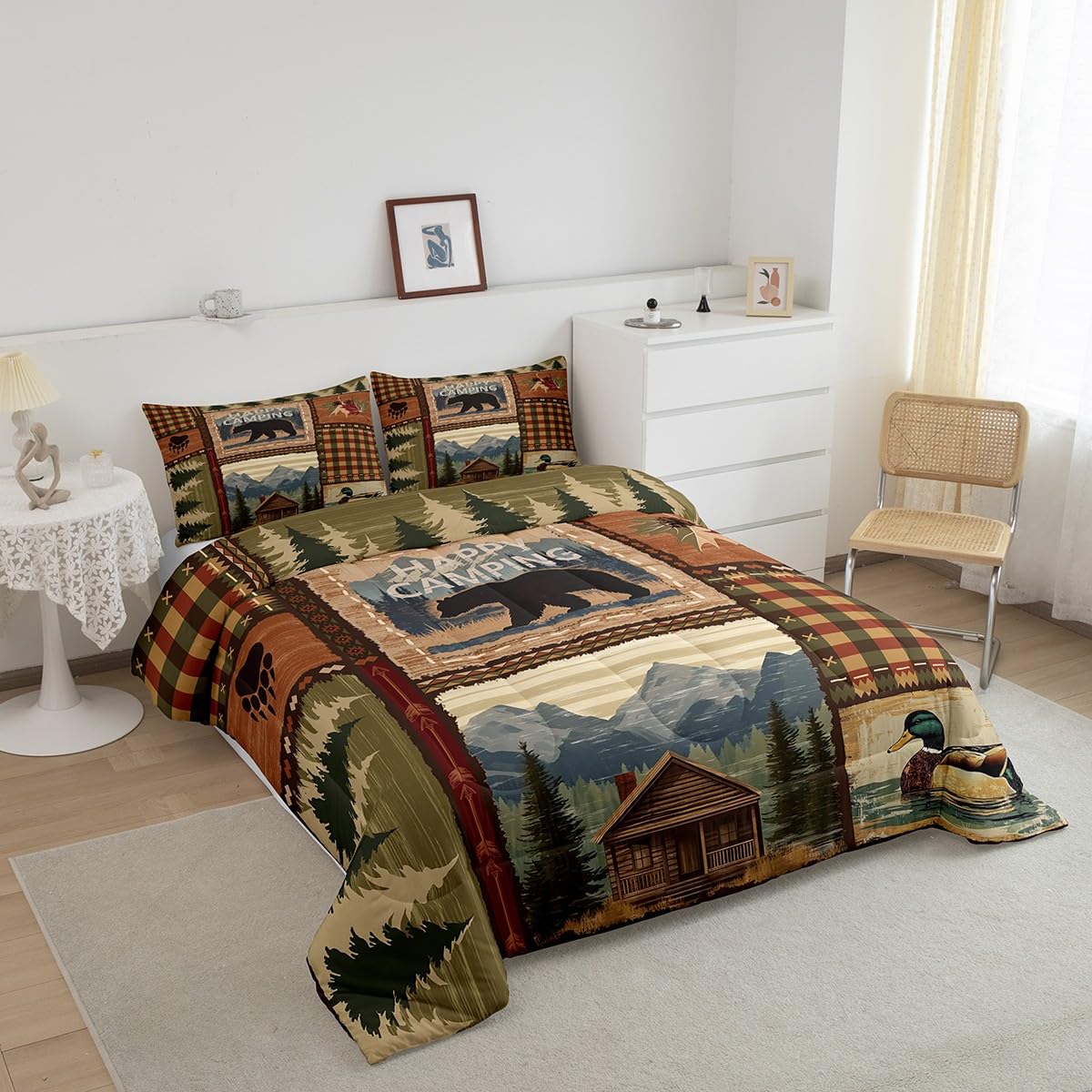 RV Camper Queen Comforter Set,Happy Camping Bedding Set for Teens Youth,Hunting Duck Bear Bedding Comforter Sets Rustic Plaid Woodland Adventure Duvet Insert with 2 Pillow Shams Bedroom Decor