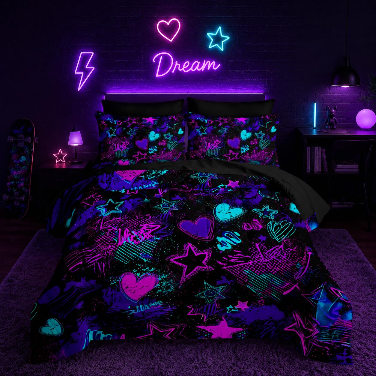 Nttopship Purple Stars Comforter Set Full Size 7PCS,Galaxy Starry Printed Bedding Set,Purple Stars Room Decor Ultra-Soft Lightweight All Seasons with Pillowcases,Flat, Fitted Sheet