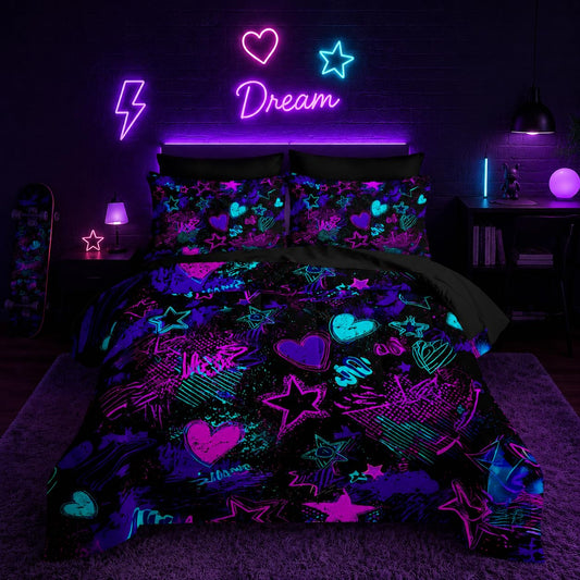 Nttopship Purple Stars Comforter Set Full Size 7PCS,Galaxy Starry Printed Bedding Set,Purple Stars Room Decor Ultra-Soft Lightweight All Seasons with Pillowcases,Flat, Fitted Sheet