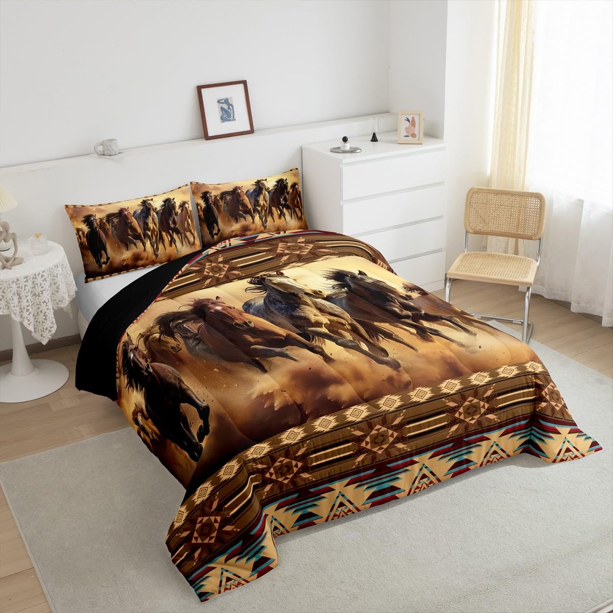 Feelyou Boho Comforter Set King Size Horses Comforter Southwestern Native Aztec Bedding Set Retro Exotic Boho Duvet Set Room Decor Dark Brown Quilt Set