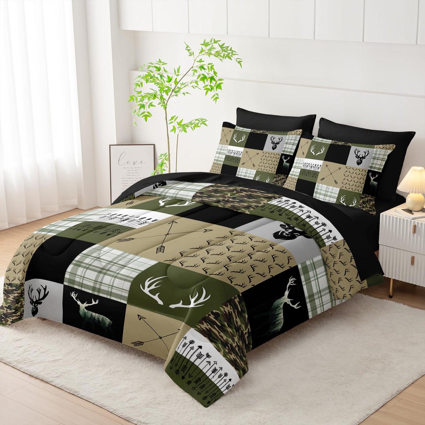 Nttopship Hunting Camo Comforter Sets Bed in A Bag Twin Size 7PCS Red Bedding Set，Deer Hunting Camo Comforter Set,Bed Sheet Set Hunt Deer for Girls Boys Kids,Microfiber Lightweight All Season