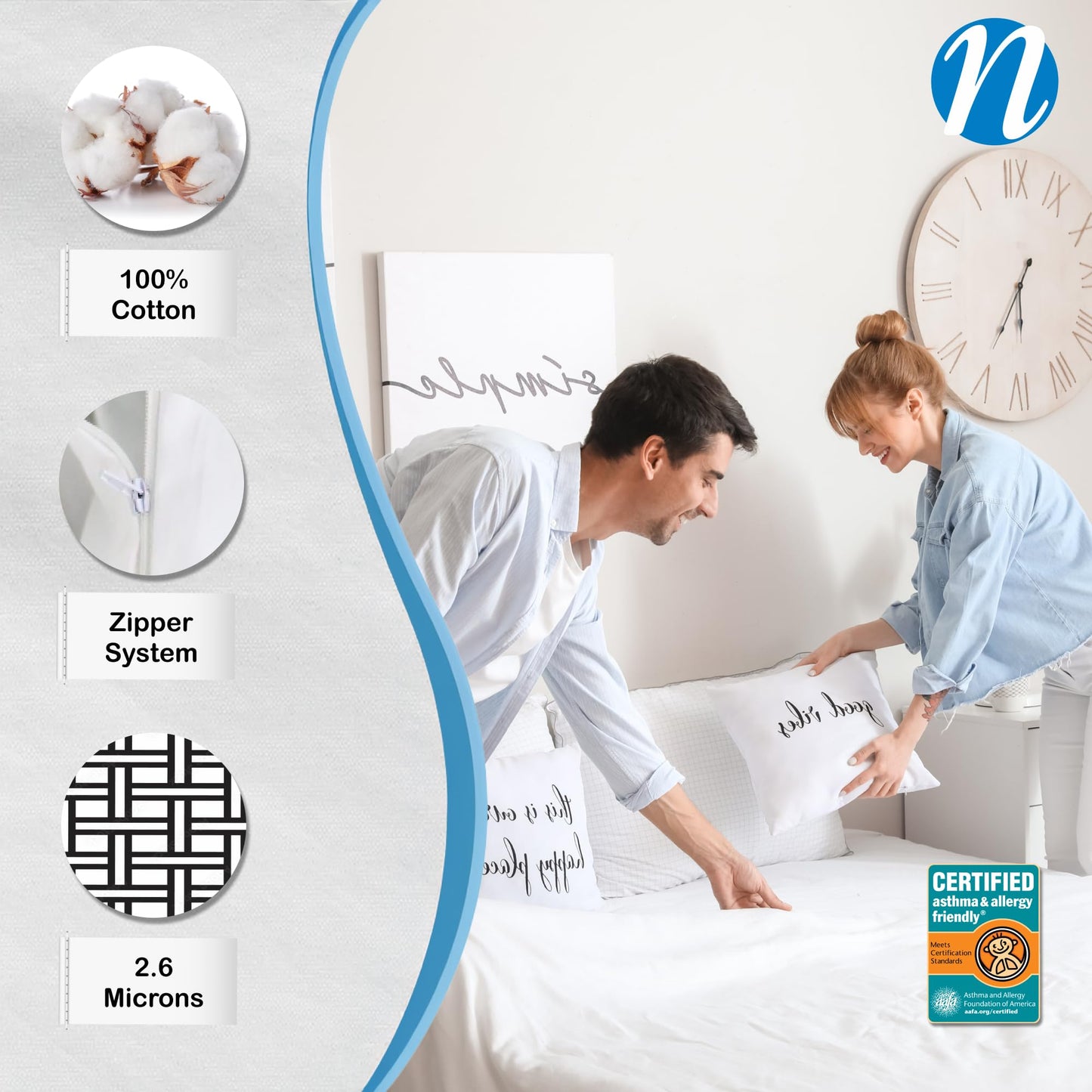 National Allergy 100% Cotton Queen Mattress Encasement 60x80x16, Hypoallergenic, Dust Proof Zippered 6-Sided Cover, Breathable, Noiseless Natural Cotton, AAFA Certified