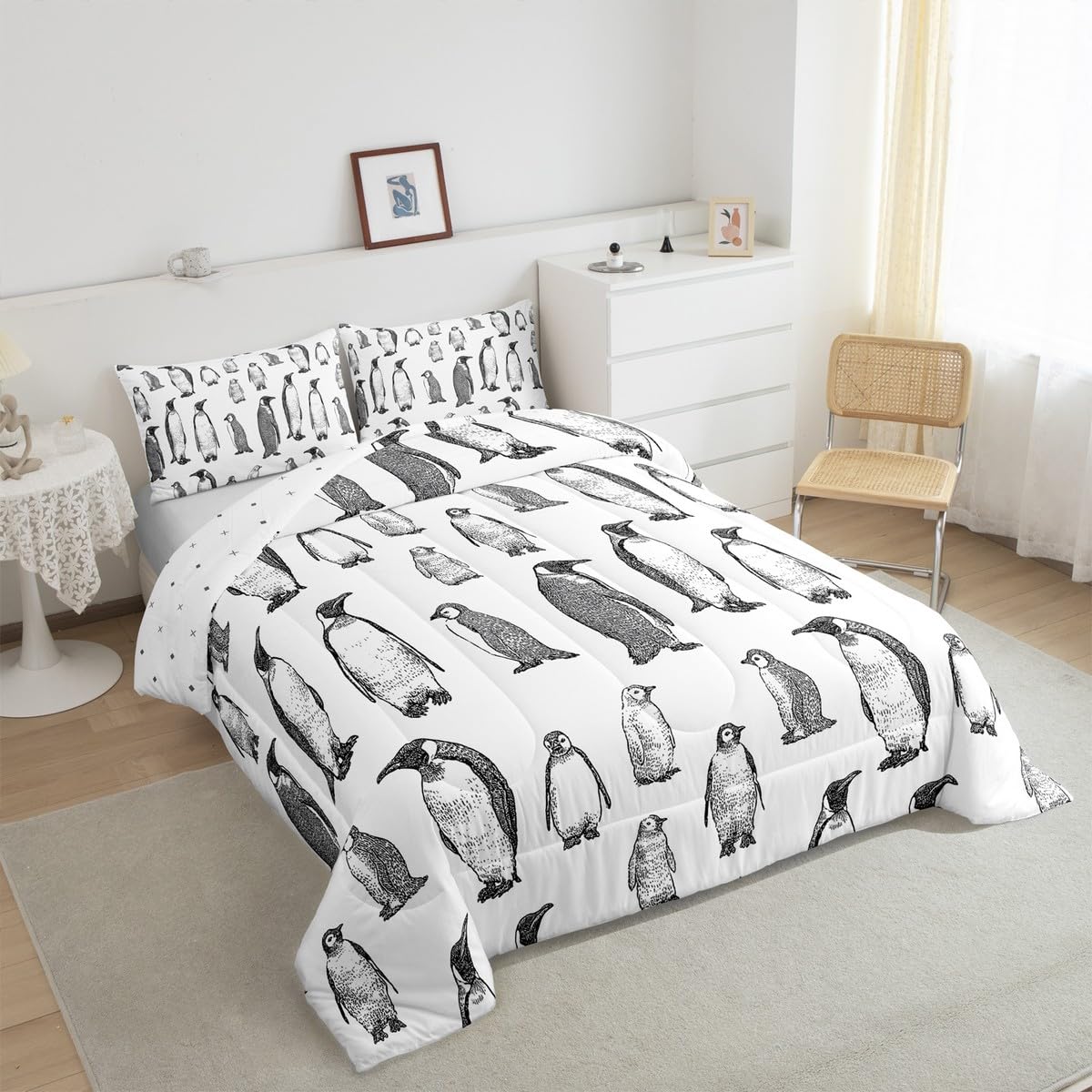 Erosebridal Penguin Comforter Set Twin Size, Antarctic Animal Down Comforter for Kids Boys Girls Children, Winter Theme Duvet Insert Penguin Sketch Quilted Duvet Bed Decorative, Grey White