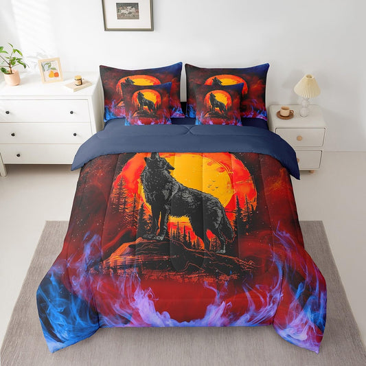 Feelyou Boys Girls Wolf Bed in A Bag Twin Size, Wolves Howling Comforter Set with Sheets Kids Western Wild Animal 7 Pieces Bedding Set Mountain Moon Teens Bed Set Bedroom Decor 7Pcs