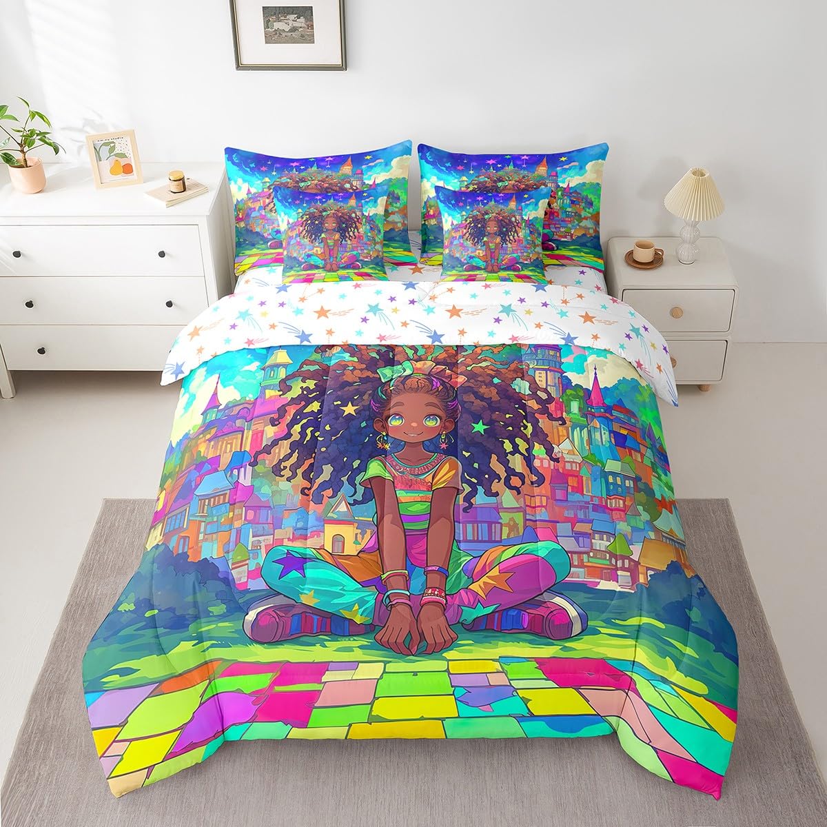 jejeloiu Kids Cute Black Girl Comforter Set 7 Pieces Full Size African American Girl Bedding Set Star Print Bed in a Bag with Comforter, Sheets, Pillowcases & Cushion Covers（No Glitter）
