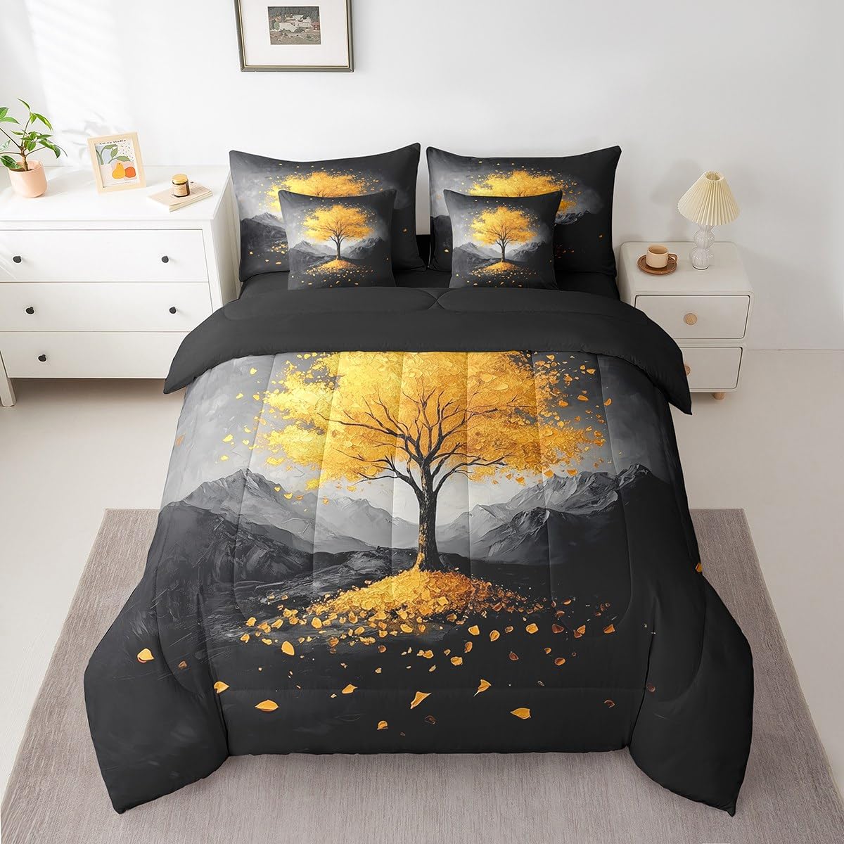 Gold Tree Branches Pattern 7 Pieces Bedding Set Twin Size Kids Leaf Branches Bed in a Bag with Comforter, Sheets, Pillowcases Smoky Mountain Bed Set Breathable Botanical Room Comforter Set with Sheets
