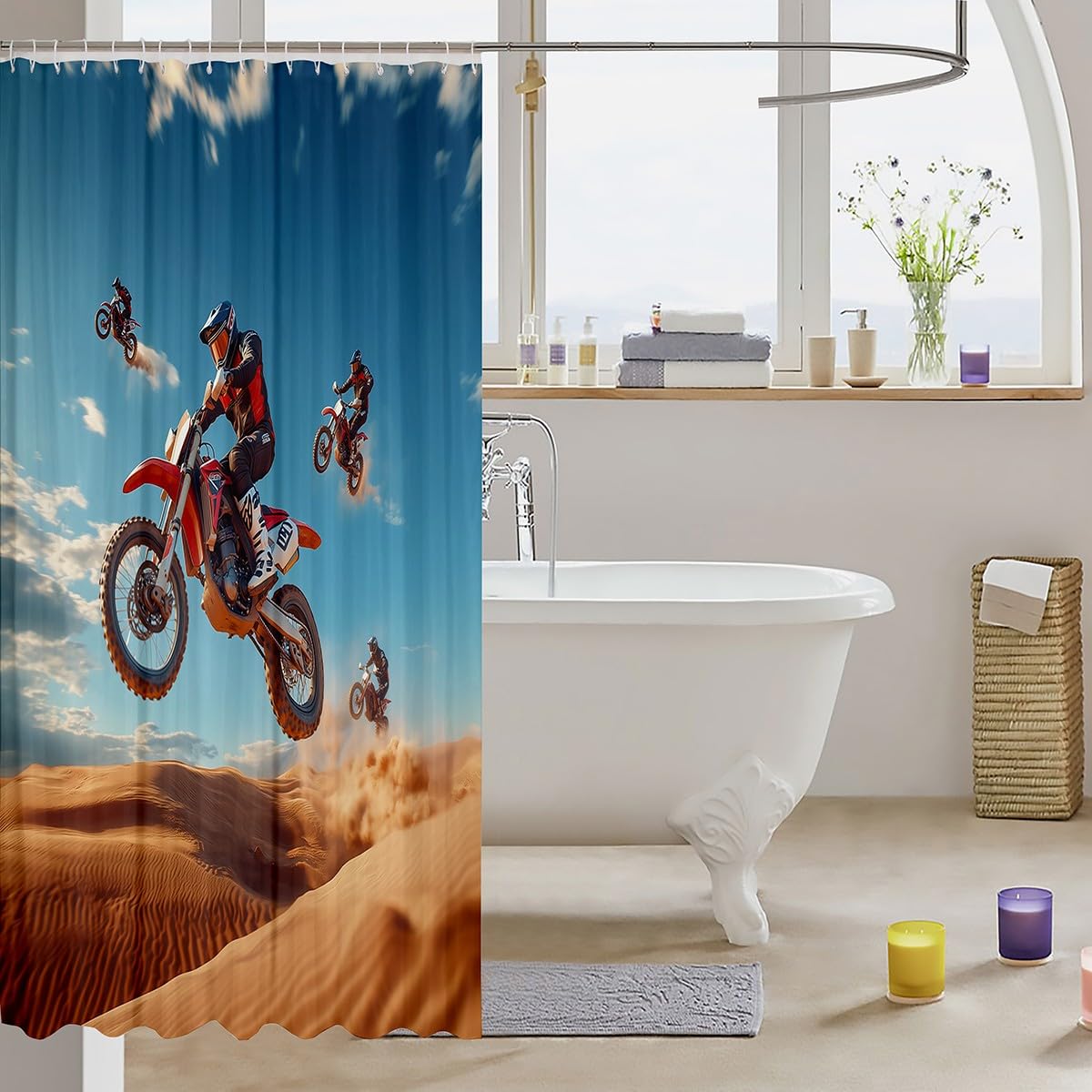 Feelyou Dirt Bike Shower Curtain 72"x84" Racing Themed Bath Curtain Waterproof Racing Motocross Rider Bathroom Shower Curtain Set For Kids Boys Girls Extreme Sports Kids Bathroom Accessories Motorbike