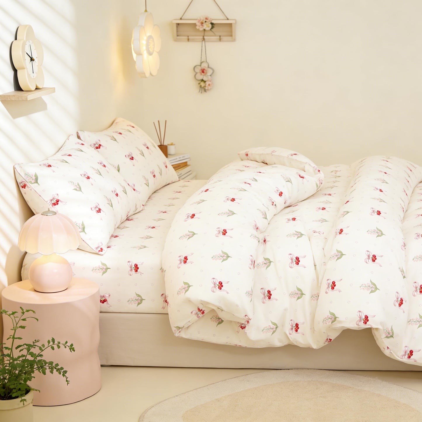 Pink Duvet Cover Queen Size Floral Bow Cherry Printed on White Duvet Cover Set Love Pattern Bowknot Heart Spring Romantic Green Botanical Princess Kawaii Soft Microfiber Bedding Set Kids Boys Girls