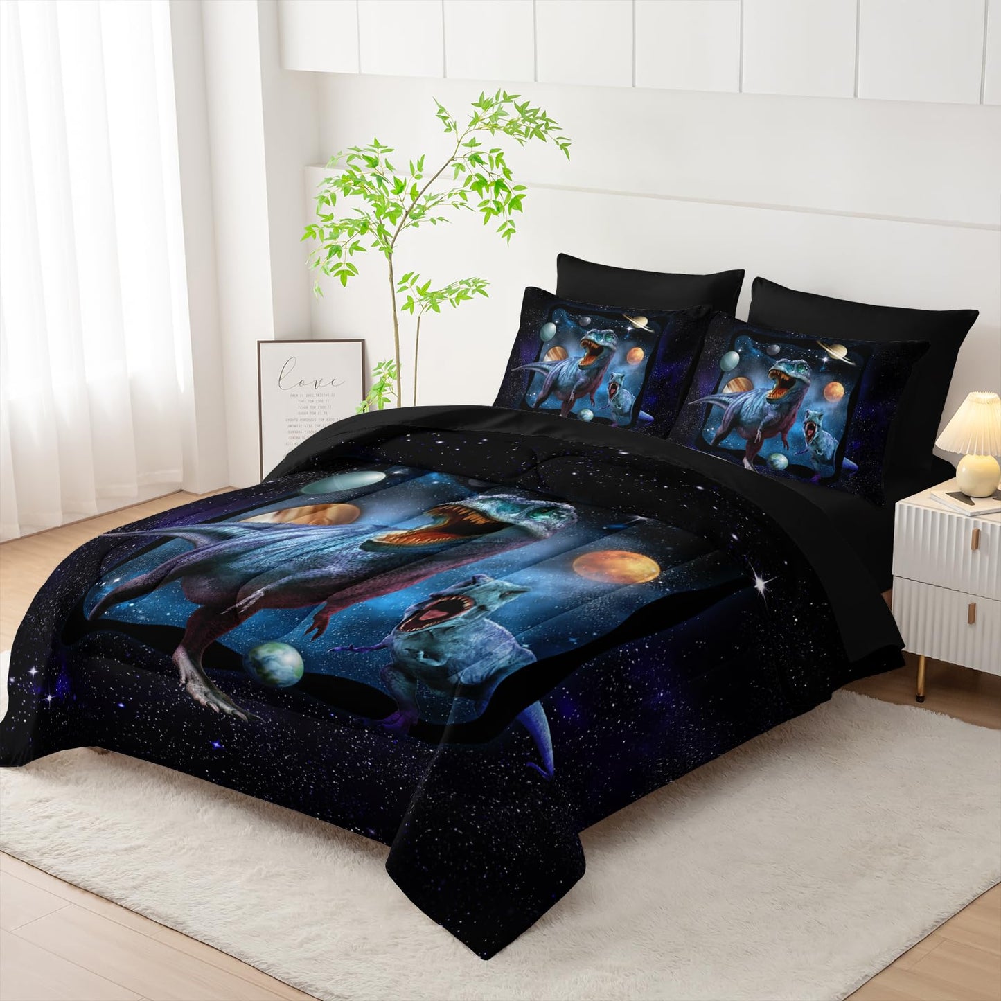 AILONEN Kids Dinosaur Comforter Set Queen Size,7Pcs Space Galaxy Bed in a Bag,Planet Dinosaur Bedding Print Boys Comforter & Fitted Sheet & Flat Sheet & 2 Pillowcases,2 Pillow Shams