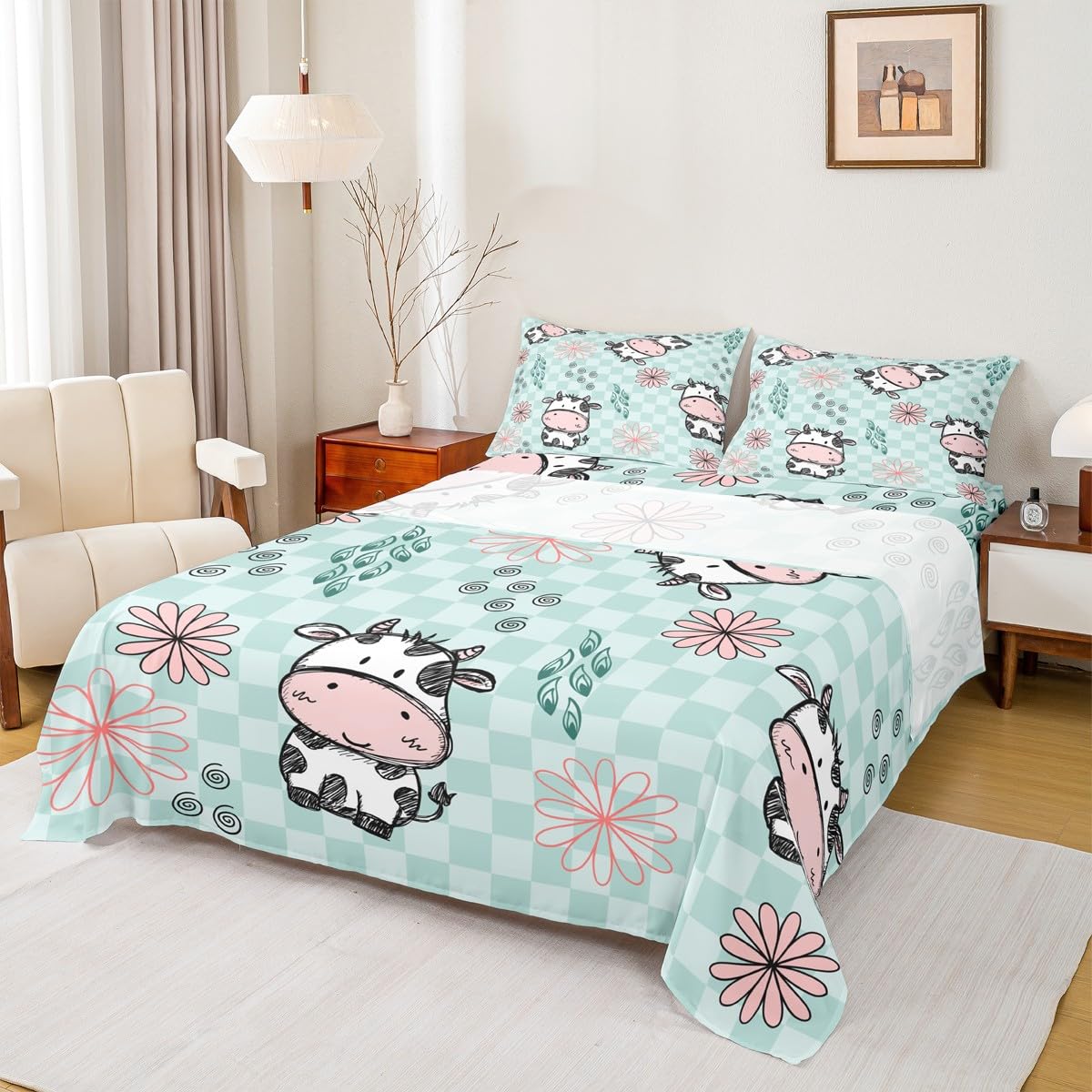 Erosebridal Kids Cartoon Cow Bedding Set Full Size Lovely Animal Fitted Sheet for Boys Girls, Child Cute Pet Bed Sheet Set Abstract Flowers Flat Sheet Quilt Set Buffalo Checked Backdrop Bedroom Decor