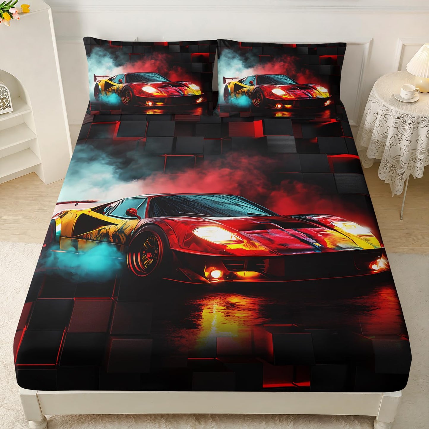 HOSIMA Boys Race Car Twin Fitted Sheet,Black Red Geometric Background Pattern Lightweight Cool Extreme Sports Bedding for Kids Men Car Room Decor,1 Fitted Sheet+2 Pillowcases.