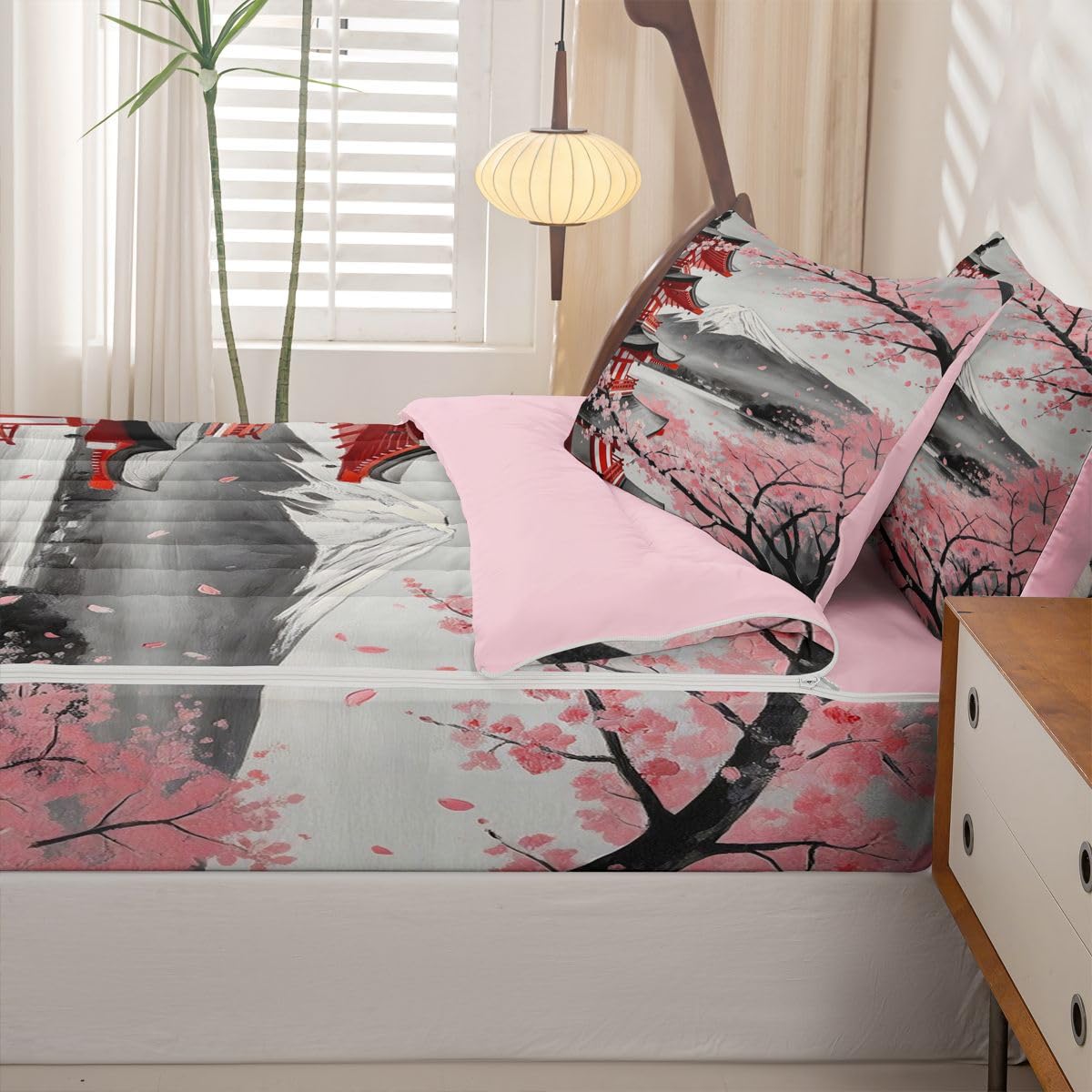 Erosebridal Japanese Cherry Blossom Kids Bedding Set Full Pavilions Mount Fuji Zipper Comforter Set for Boys Girls Teen Pink Sakura Floral Zip Up Bedding Oil Painting Bed in a Bag Set