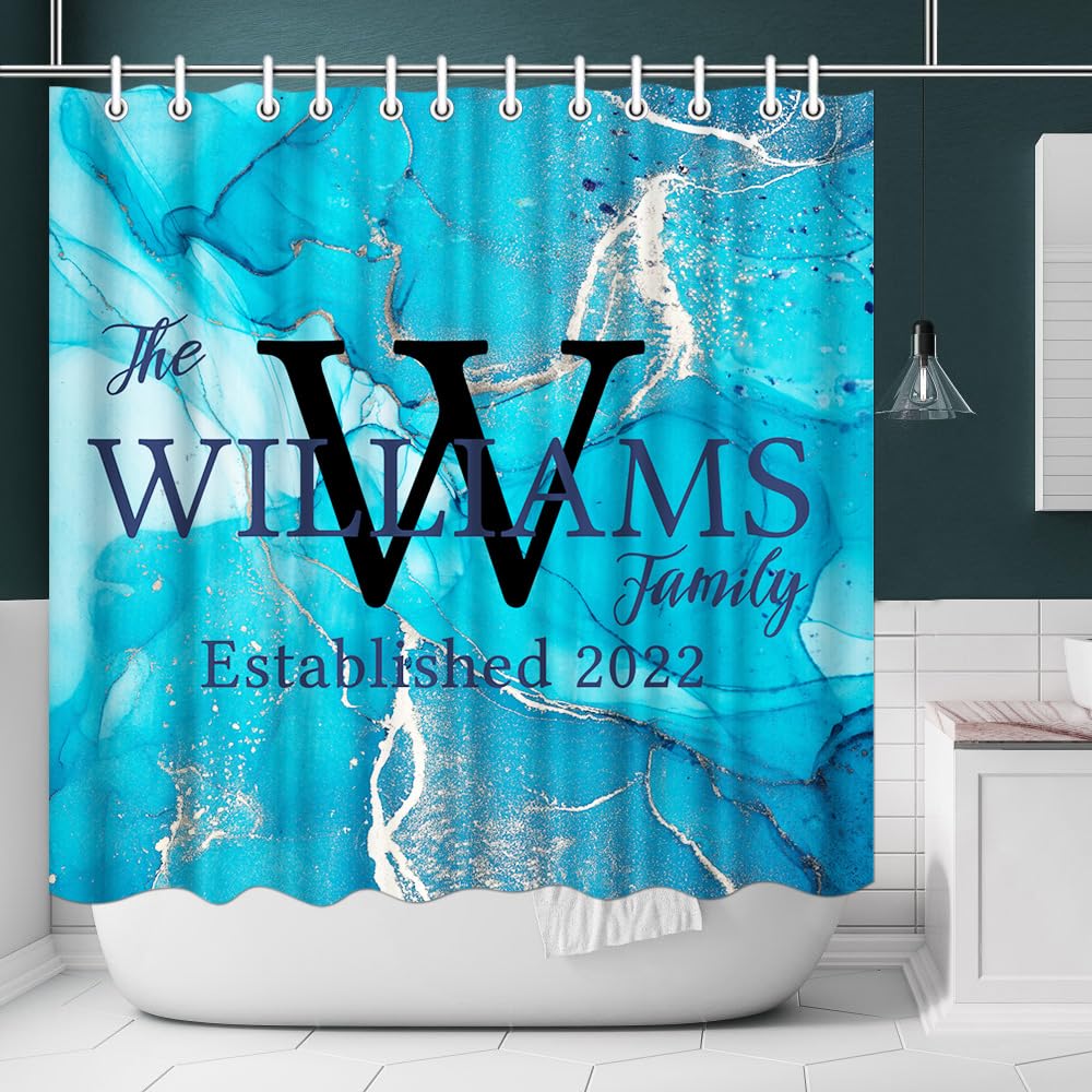 iLOOKLiKE Personalized Family Last Name with Marble Shower Curtain Custom Monogram Abstract Blue Gold Texture Art Bathroom Curtain Set Bathtubs Decor with 12 Hooks Modern Fabric Polyester 72x72inch