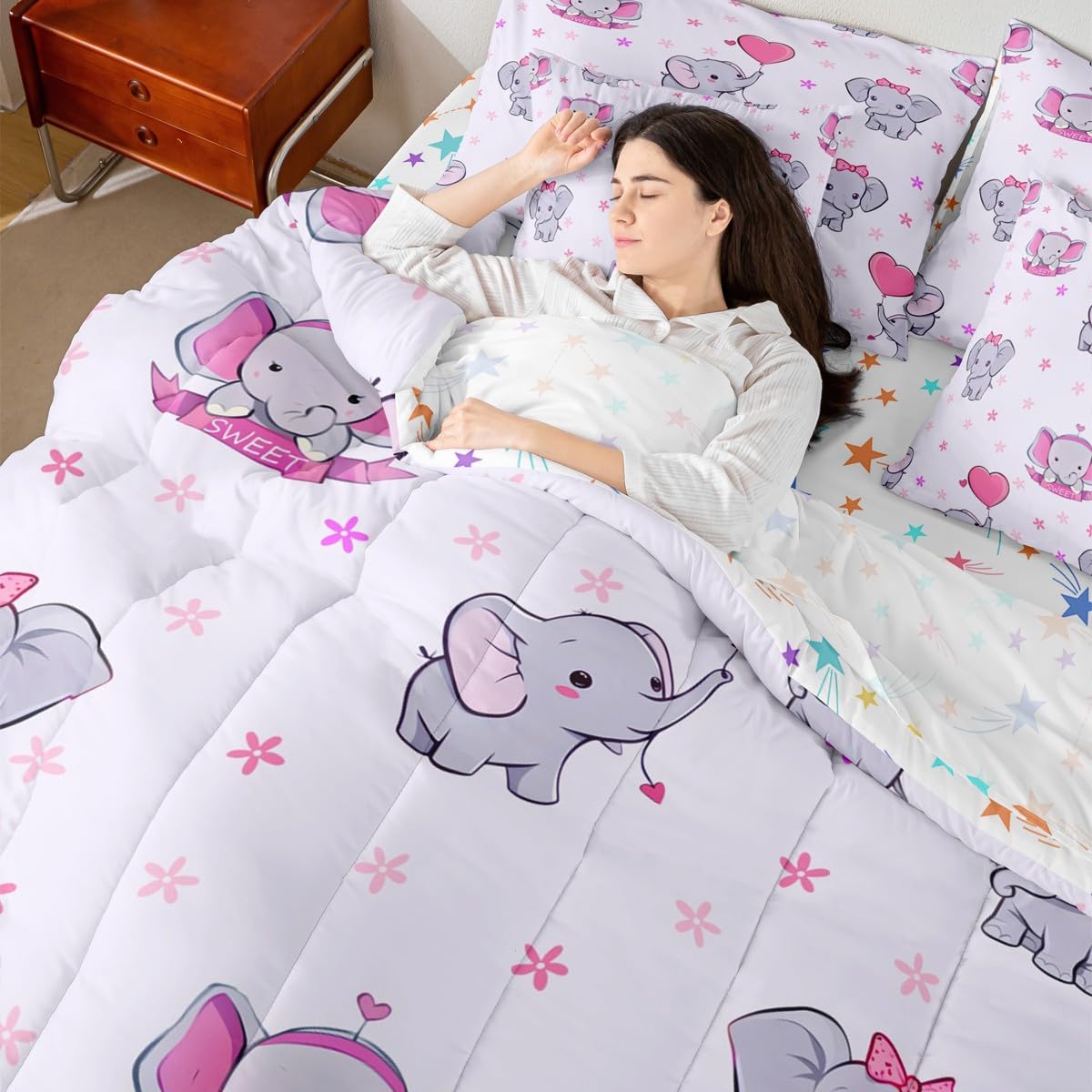 Erosebridal Girls Elephant 7 Piece Comforter Set Twin | Cute Elephant Cartoon Animals Bedding Set for Kids Nursery Bedroom Pink Heart Shaped Comforter with Sheets Kawaii Wildlife Floral Duvet Insert