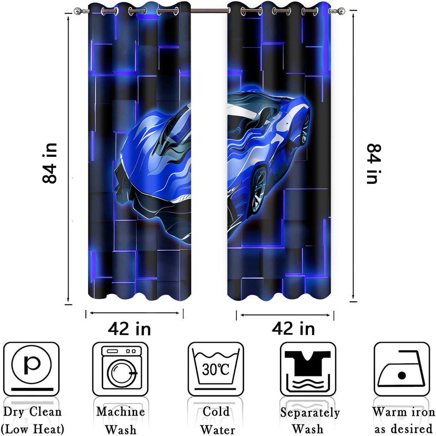 HIYSMT Race Car Curtains,Racing Blue Sports Car Curtain,4284inch Black Blue Geometric Checkered Blackout Window Drapes for Boy Bedroom Game Room 2Panels HILC07