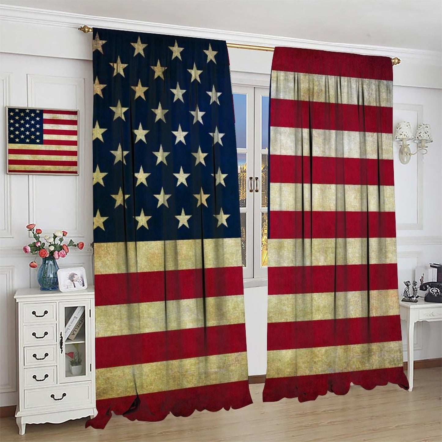 wlsgdsg Retro USA Flag Blackout Curtains for Man Cave, Vintage Old Yellowed American Patriotic Backdrop Window Treatments, Rod Pocket Drapes for Boys Teens Bedroom, 42x45in