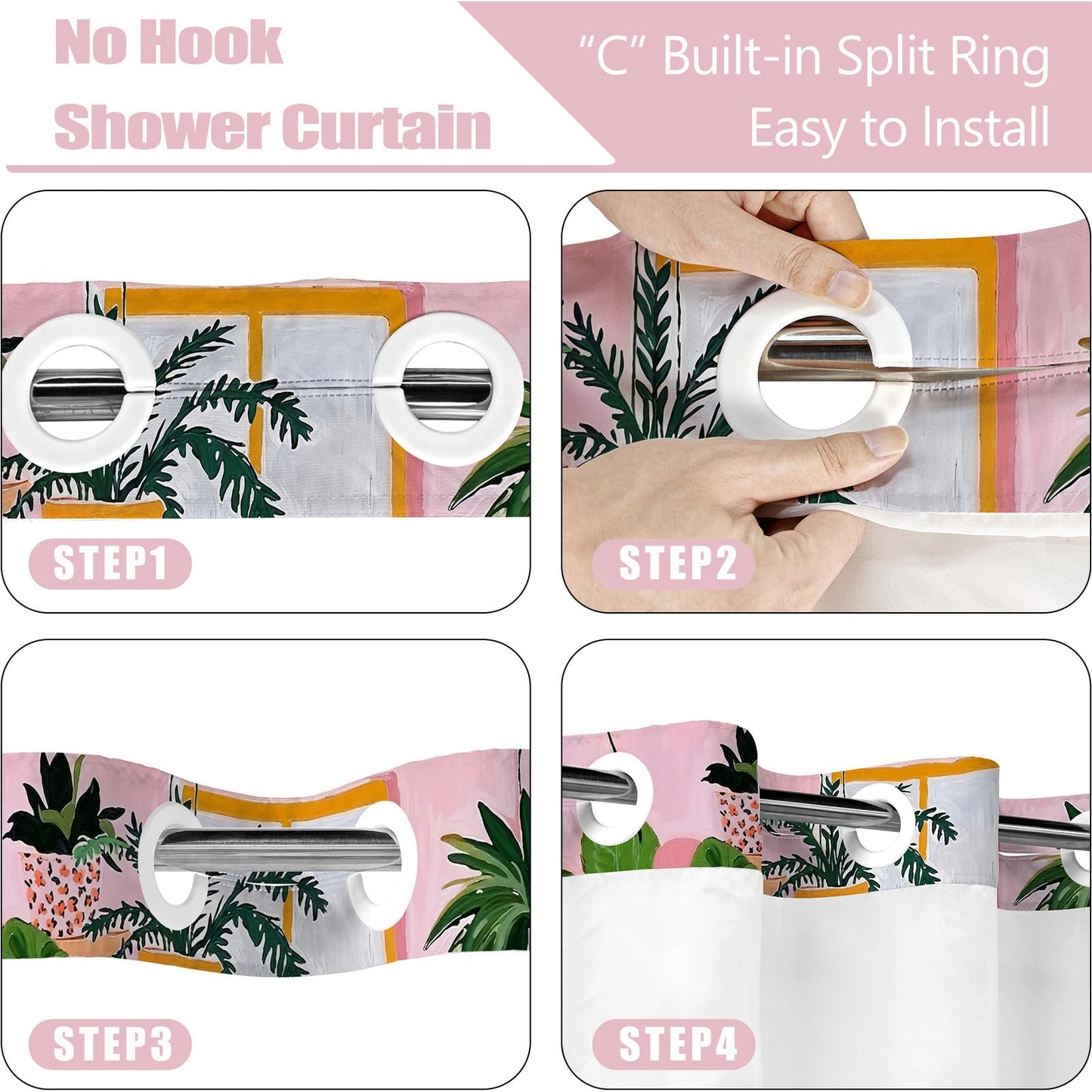 Fowocu No Hook Shower Curtain with Snap in Liner Funny Cat Shower Curtains for Bathroom Boho Cute Black Cats Matisse Green Tropical Plant Pink Orange Waterproof Fabric Bath Curtain Decor 71×74In
