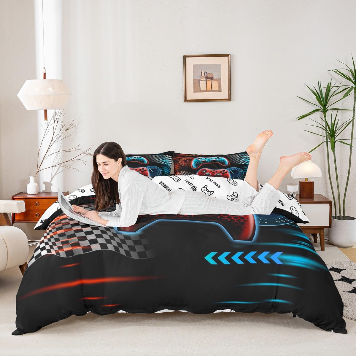 Gaming Gamepad Kids Duvet Cover Set Queen Size,Video Games Controller Race Flags Bedding Set,Boys Girls Men Room Decor,Geometric Honeycomb Hexagon Comforter Cover,Red Blue Quilt Cover,2 Pillowcases
