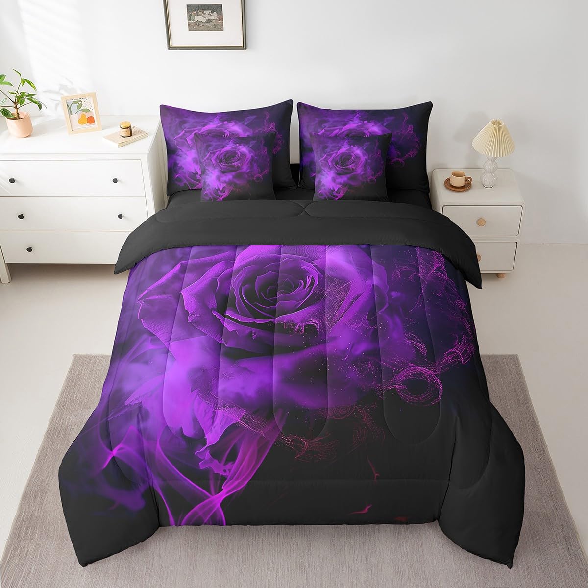 Erosebridal Purple Rose Floral 7 Pcs Comforter Set Full,Ombre Rose Black Gray Bedding Set,Valentine's Day Bed in a Bag,Trippy Botanical Flower Blossom Sheet Set Romantic Bedroom Decor