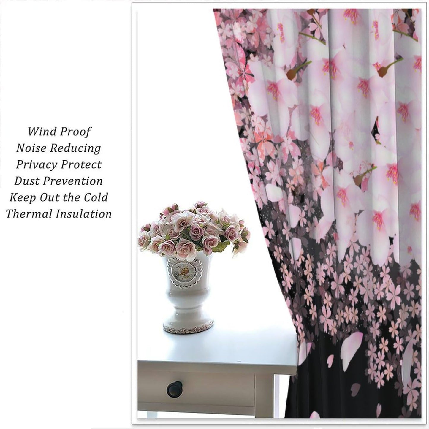 Focusbrite Floral Window Curtain，Cherry Blossoms Curtain for Bedroom for Kids Girls Women Pink Flowers Galaxy Curtain Starry Sky Drapes Set 2 Panels,42x45 Inches