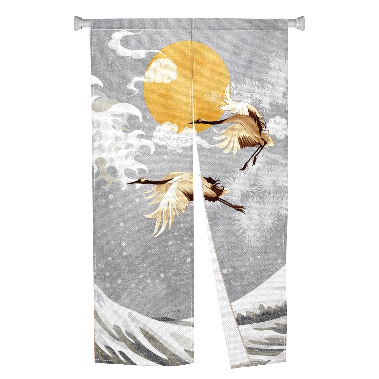 Leowefowa Noren Doorway Curtain Japanese Style Door Tapestry Cranes Waves Gold Full Moon Printed Window Treatment Panel for Room Divider Kitchen Door Curtains Home Decoration, 33.5"x 70.9"