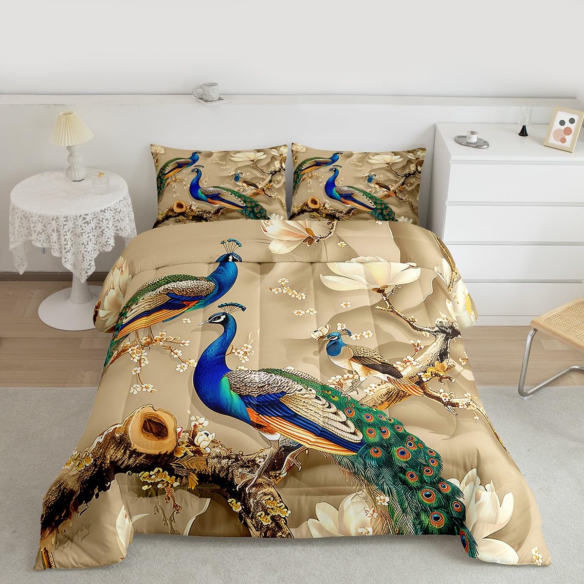 Feelyou Peacock Comforter Peacock with Floral Bedding Set for Kids Adults Girls Animals Comforter Set Botanical Quilt 1 Comforter Set with 1 Pillowcase Twin Size