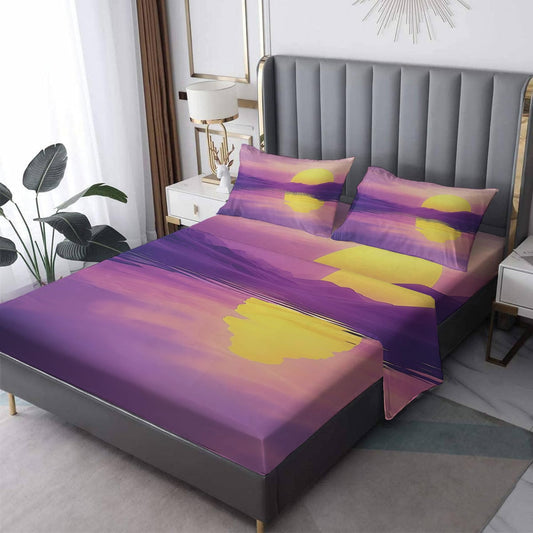 NOGAWA Sunset Sheets King, Landscape Bed Sheets, Deep Pocket & Soft Microfiber Bedding Sheets & Pillowcases 4 Piece - Fitted Sheet & Flat Sheet & 2 Pillow Cases