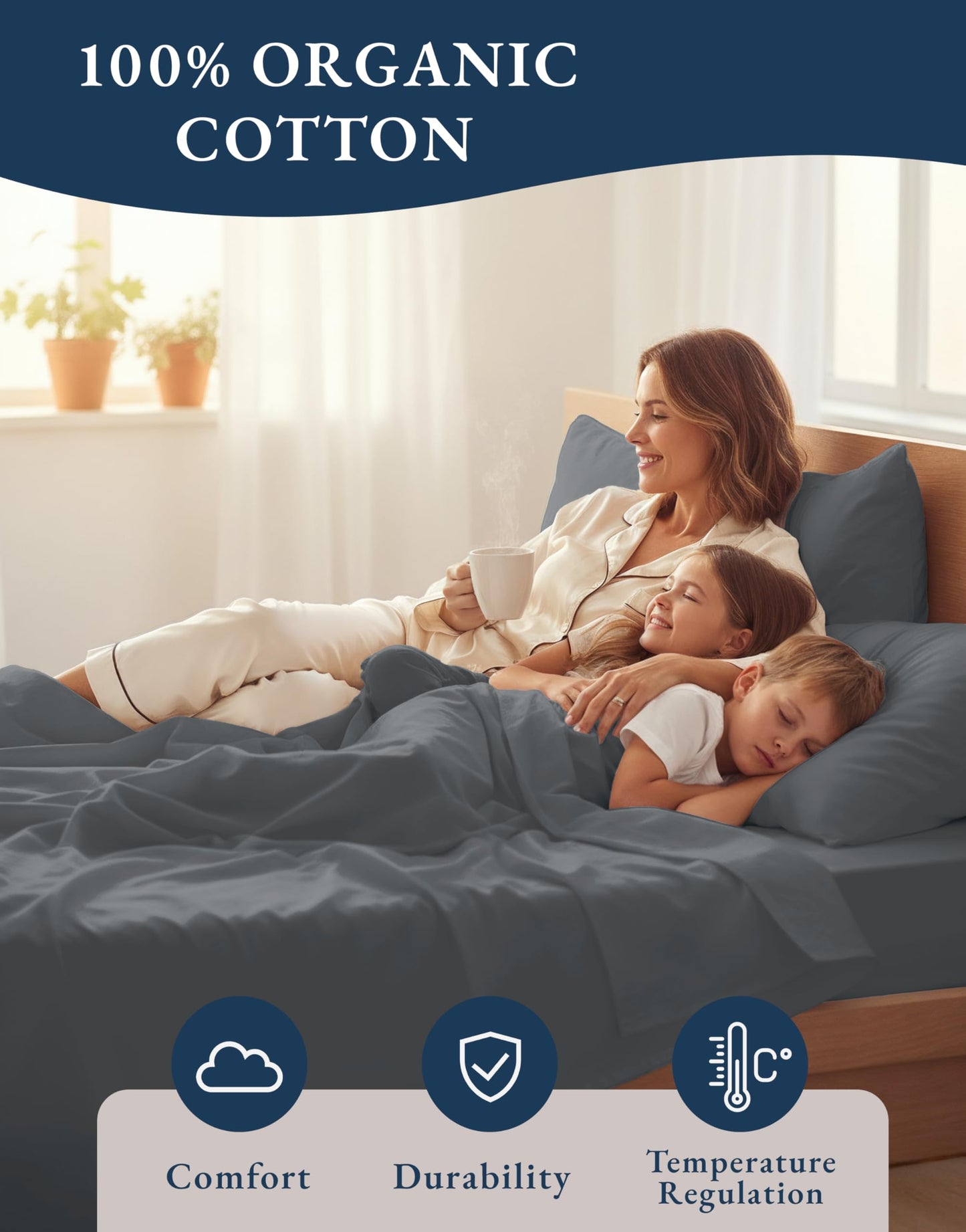 LANE LINEN Queen Sheet Set 100% Organic Cotton GOTS Certified Percale Weave Deep Pocket 4 Piece Soft Breathable Cooling Lightweight All Season Machine Washable Crisp - Charcoal