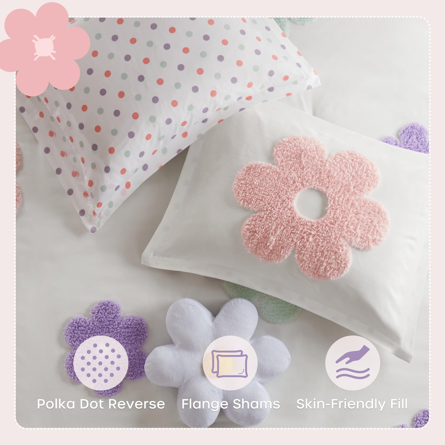 Intelligent Design Kids Full Comforter Set for Girls, Tufted Chenille Floral Comforter Set Queen, Lightweight Polka Dot Reversible Bed Set, Shams, Pillow, Gracie, Full/Queen White/Purple 4 Piece