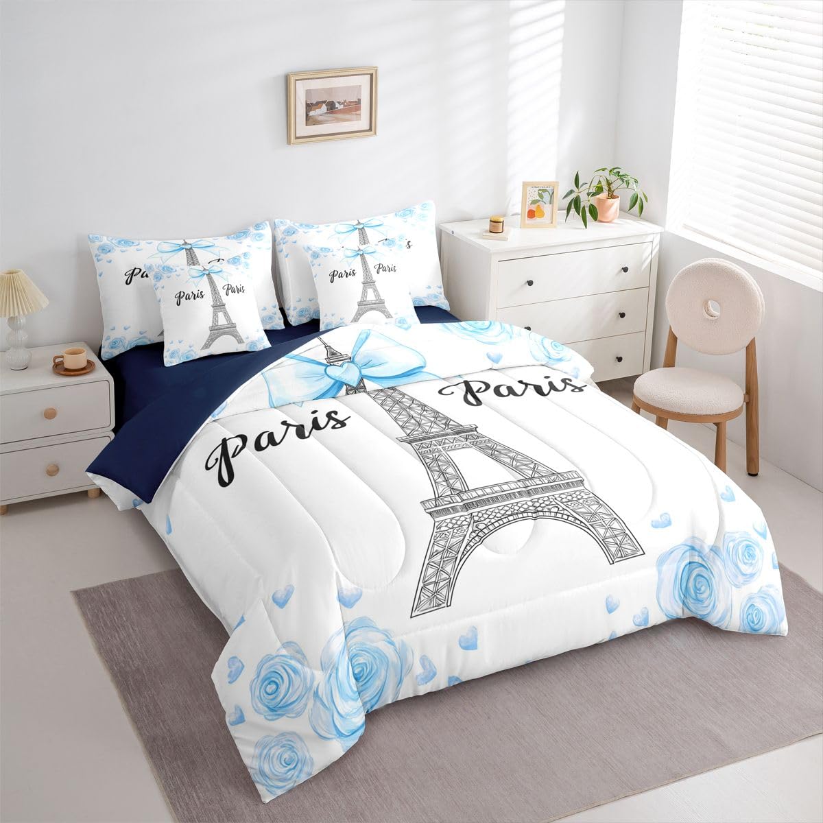 Erosebridal Blue Bow Tie Twin Bedding Sets for Girls Eiffel Tower 7 Piece Comforter Set with Sheets Rose Romantic Paris France Bed in A Bag Princess Bowknot Bed Set