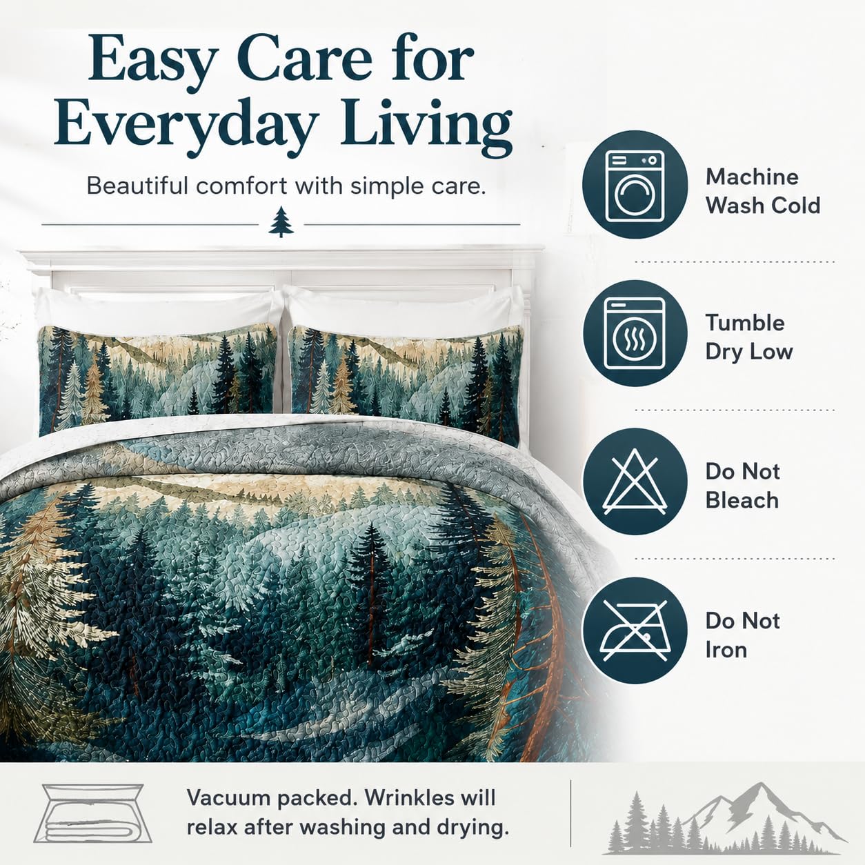 AILONEN King Bedspread Coverlet,Mountain Forest Pine Tree Textured Landscape Blue Green Bedding Quilt,2 Pillowcases,Lightweight Microfiber