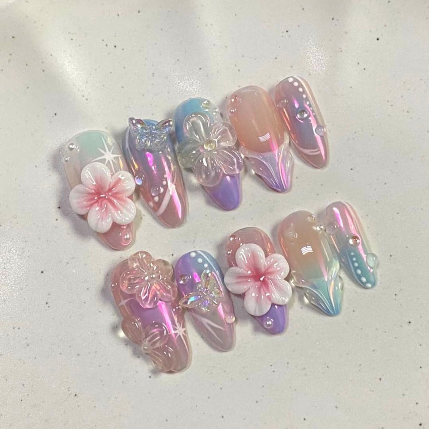 Aurora 3D Flower Butterfly Press On Nails - Medium Almond Fake Nails with Iridescent Gradient & Rhinestone Designs,Glossy Reusable Full Cover False Nails with Glue Tabs for Women, 30Pcs Nail Kit