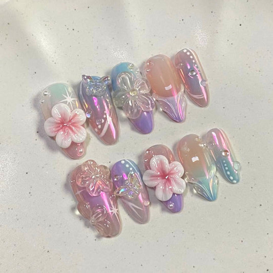 Aurora 3D Flower Butterfly Press On Nails - Medium Almond Fake Nails with Iridescent Gradient & Rhinestone Designs,Glossy Reusable Full Cover False Nails with Glue Tabs for Women, 30Pcs Nail Kit