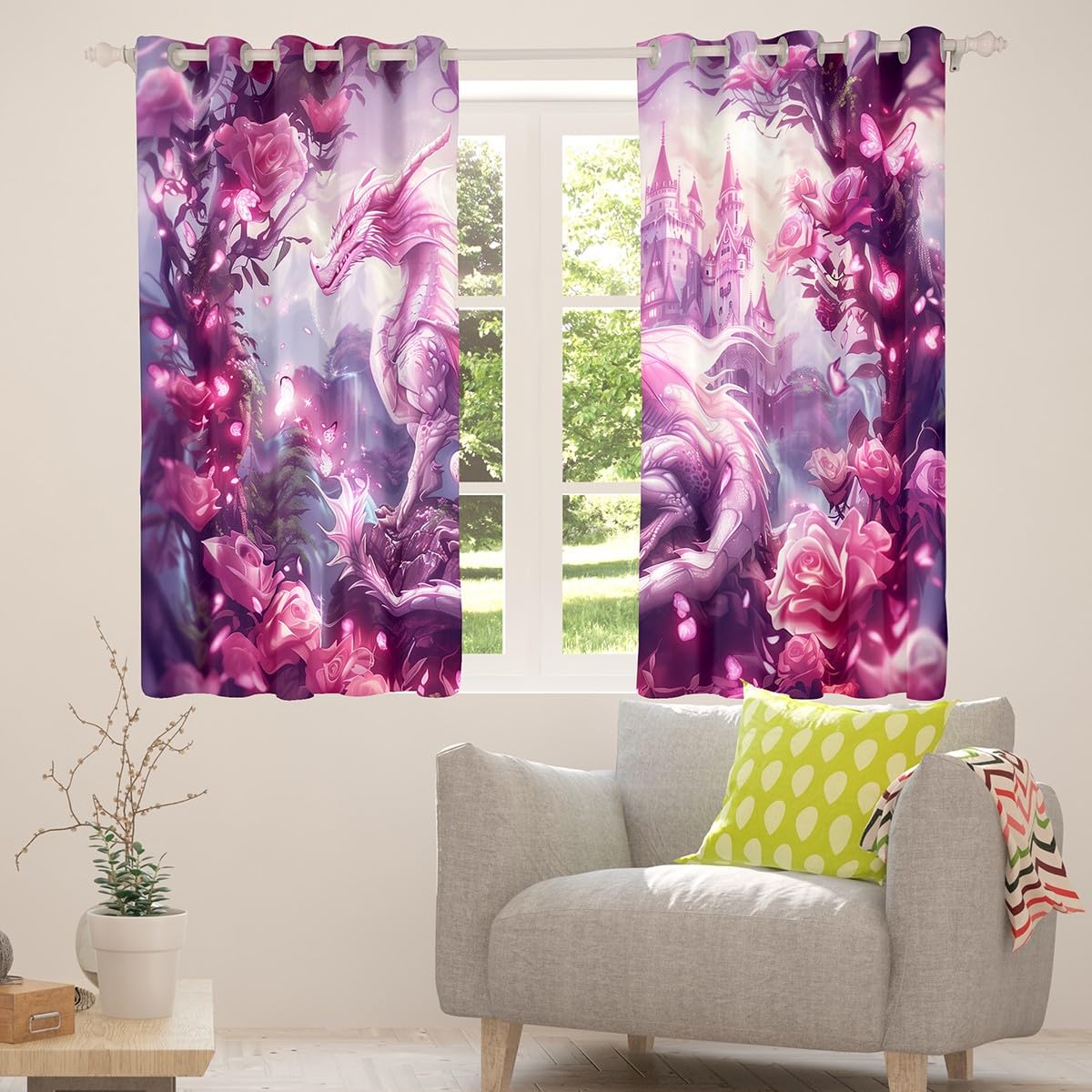 Manfei Dragon Kids Blackout Curtains,Tale Castle Dragon Theme Window Drapes for Girls Boys,Roses Flowers Butterfly Romantic Pink Dreamy Window Treatments Grommet Top 2 Panel Set,52Wx63L inch