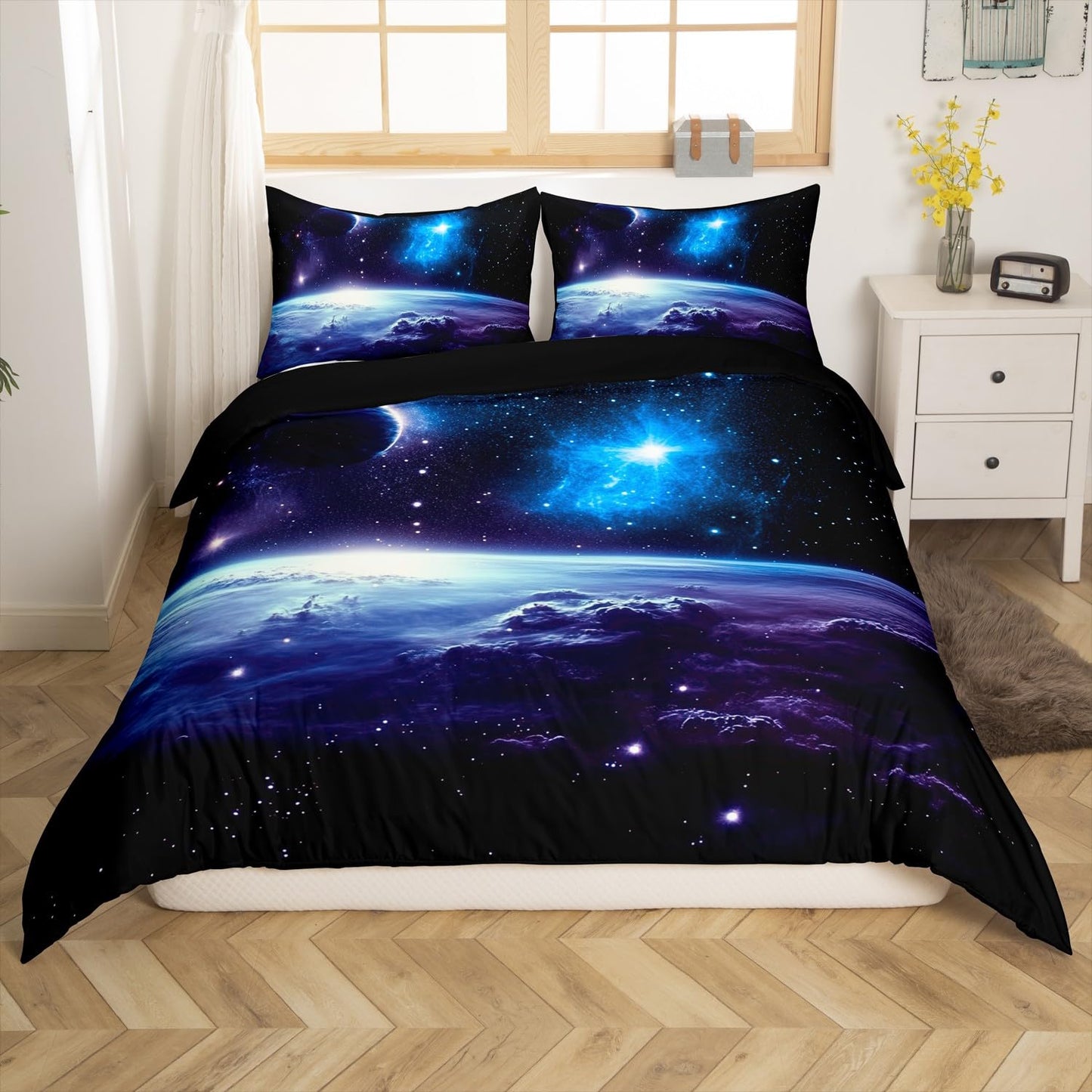 Erosebridal Galaxy Outer Space Full Duvet Cover, Universe Planet Bedding Set for Kids Boys Teen Room Decor, Starry Sky Astronaut Theme Bed Set 3-Piece Quilt Cover (No Comforter)