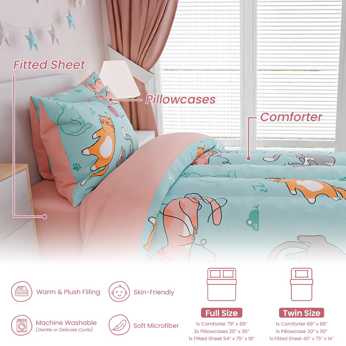 SANDJEST Cat Comforter Set Twin for Girls, Ultra Soft Microfiber Bedding Sets with 3-Pieces, Cats Comforters Bed Sets for Kids Children Girl Bedroom Decor