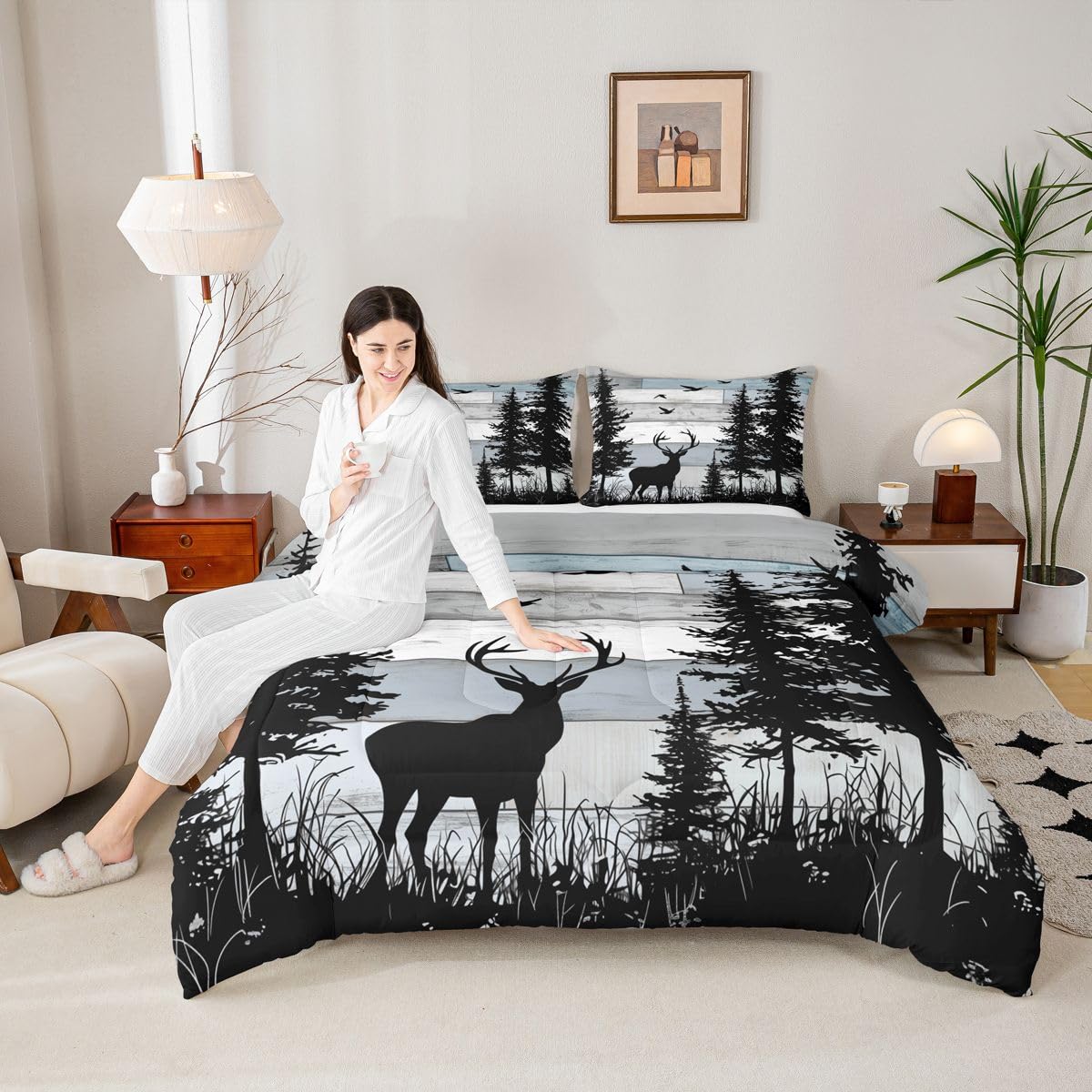 jejeloiu Deer Bedding Set Soft for Boys Girls, Rustic Cabin Country Comforter Set Queen Size Farmhouse Duvet Quilt Microfiber Wild Animal Bedroom Decor 3 Pcs with 2 Pillow Cases