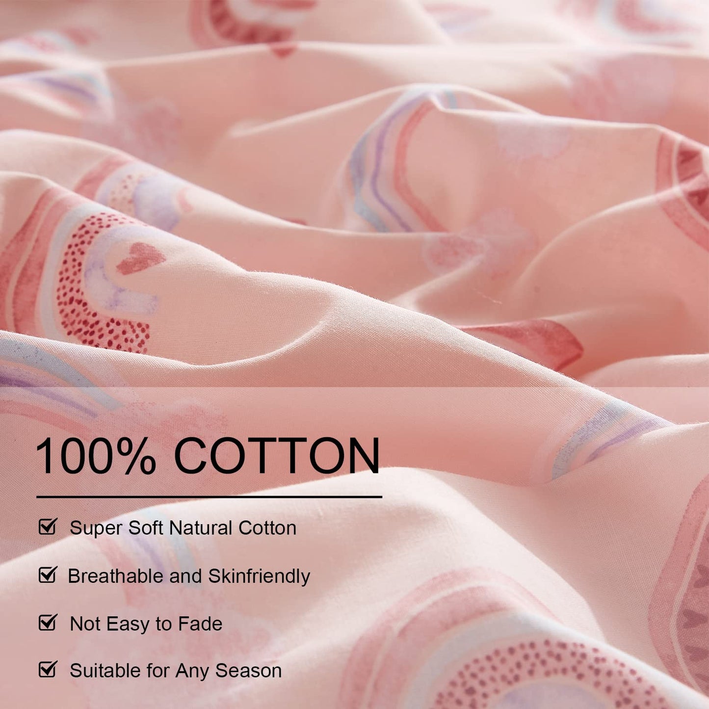 Ivellow Queen Duvet Cover Set 100% Cotton Rainbow Pink Kids Duvet Cover for Girls Cute Kawaii Bedding Set 3 Pcs Ultra Soft Breathable Toddler Teen Duvet Cover Patterned Cartoon Comforter Cover Bed Set