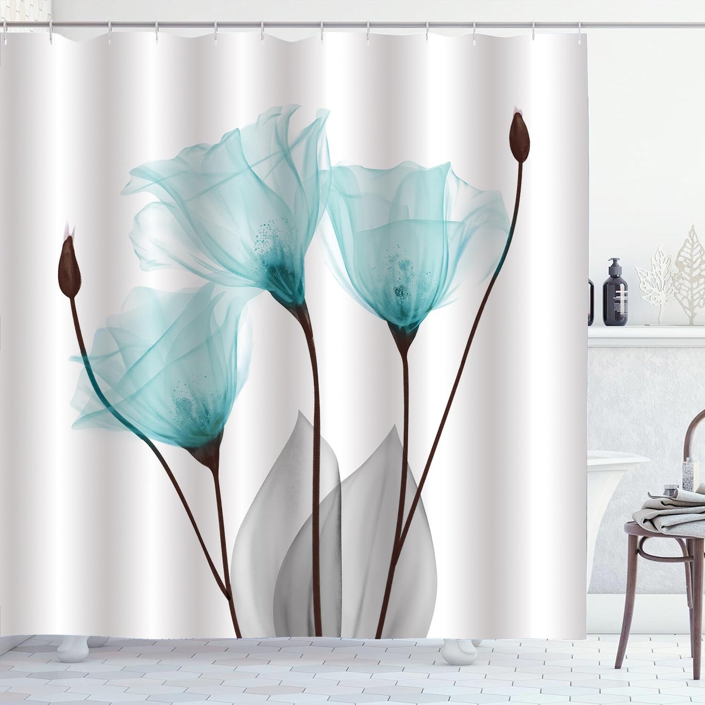 ZCHOMI Teal Floral Shower Curtain Tulip Turquoise Aqua Tulip Flower Botanical Modern Aesthetic X-ray Floral Elegant Bathroom Curtain Decor Waterproof Fabric Bath Curtain 72 x 72 Inch with 12 Hooks